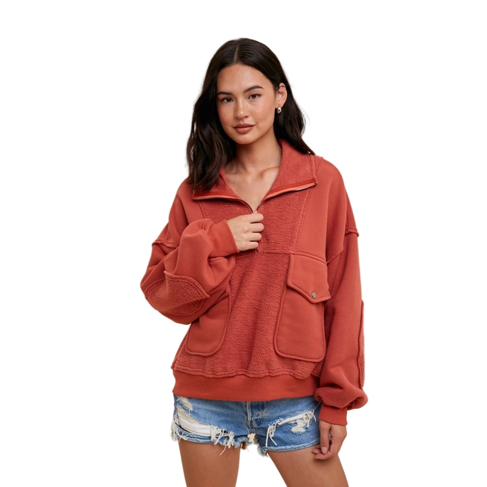 🛼In loom Warm Rust Teddy contrast reversed fleece 1/4 zip pullover size L NWT